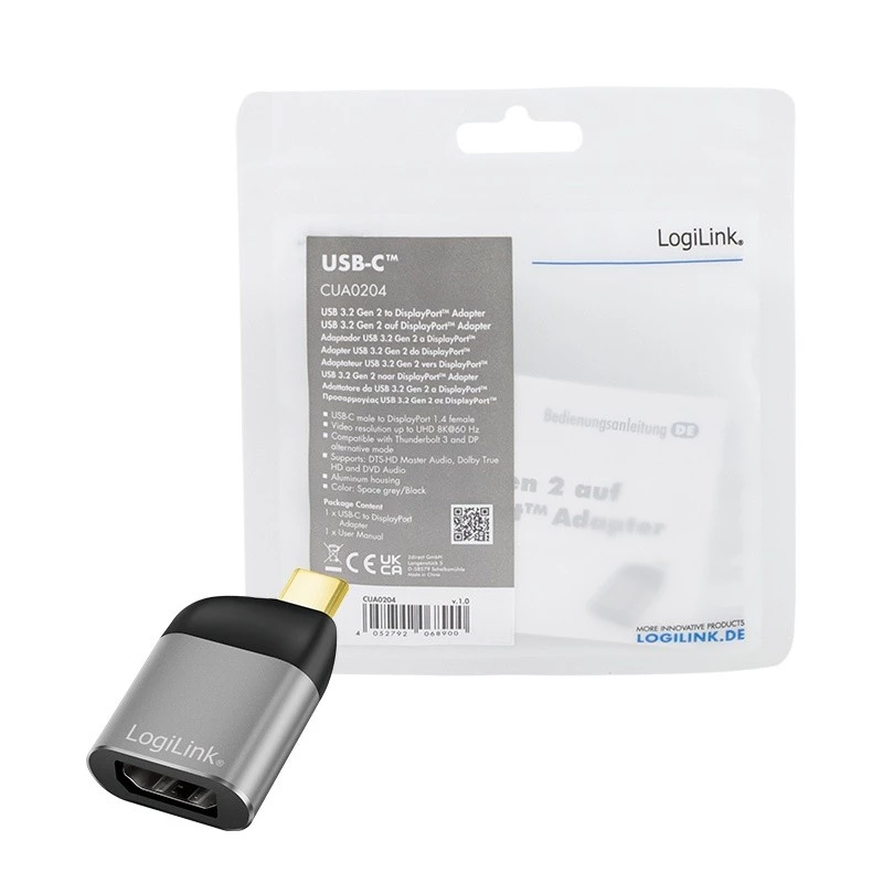 LogiLink CUA0204 USB-C į DisplayPort adapteris (jungties keitiklis) juodai pilkas
