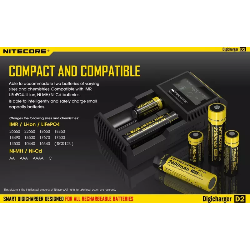 Nitecore D2 įkroviklis – 2 lizdai AA/AAA/AAAA/C baterijoms, 100–240V, 4,2V, juodas