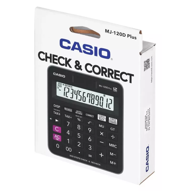 Stalinis skaičiuotuvas CASIO MJ-120D PLUS – pagrindinis, 12 skaitmenų, baterija/saulė, 35 klavišai, mokesčių ir kvadratinės šaknies funkcijos, juodas