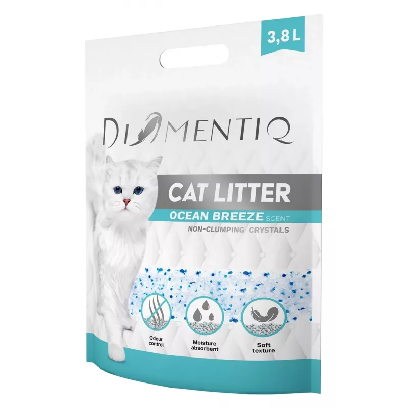 Kačių kraikas DIAMENTIQ Ocean Breeze 3,8 l – silikoniniai granulės, 1,5 kg, antibakterinis, be dulkių