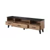 TV stovas Cama Meble LOTTA 180 cm – ąžuolo Wotan rėmas, matinė juoda medžio drožlių plokštės viršus, 1800×400×530 mm