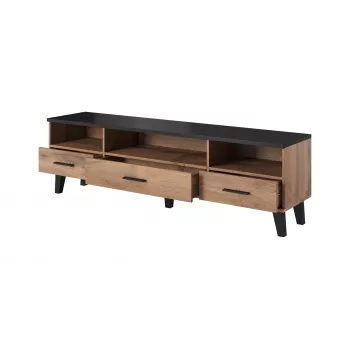 TV stovas Cama Meble LOTTA 180 cm – ąžuolo Wotan rėmas, matinė juoda medžio drožlių plokštės viršus, 1800×400×530 mm