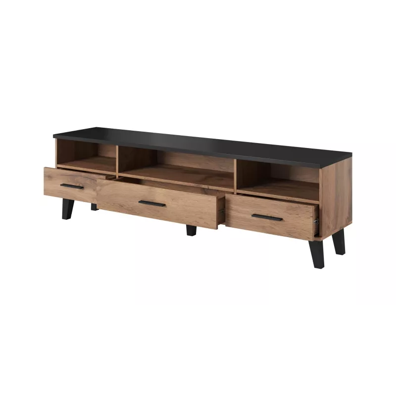 TV stovas Cama Meble LOTTA 180 cm – ąžuolo Wotan rėmas, matinė juoda medžio drožlių plokštės viršus, 1800×400×530 mm