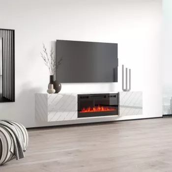 TV spintelė cama meble LUXE 1826×345×375 mm balta blizgi su įmontuotu juodu elektriniu židiniu (1400–1600 W)