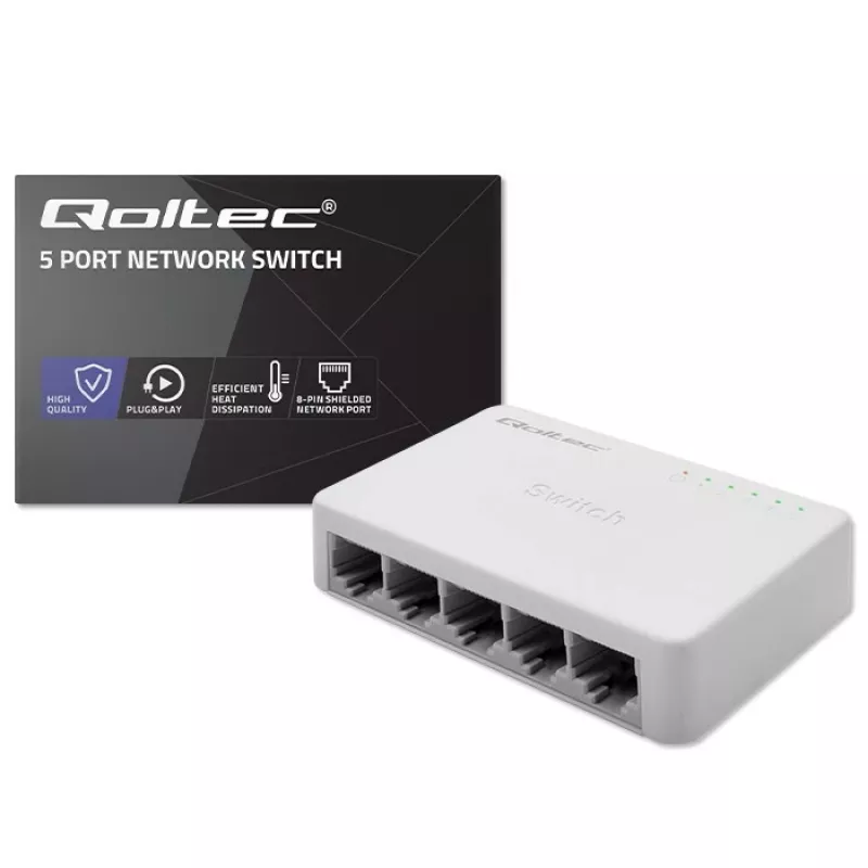 Tinklo jungiklis QOLTEC 52247 5 x RJ45 prievadai 1000Mbps Gigabit nevaldomas