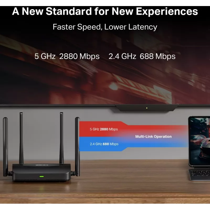 Stalinis maršrutizatorius MERCUSYS MR25BE EasyMesh Wi‑Fi 7 dviejų juostų 2.4/5 GHz, 3600 Mbps, 3× Gigabit LAN, 4 išorinės antenos