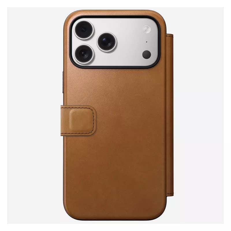 Nomad Modern Leather Folio dėklas iPhone 17 Pro Max — Tan (oda, iki 17,5 cm ekrano, 4 kortelių kišenės)