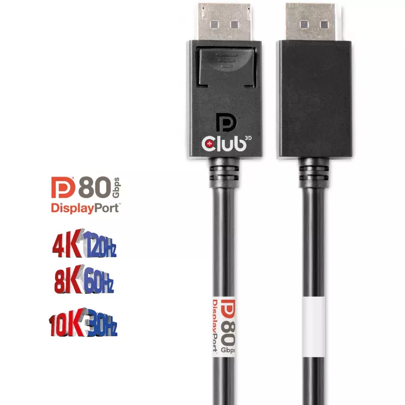 CLUB3D DisplayPort 2.1 dvipusis VESA DP80 sertifikuotas kabelis 4K240Hz, 8K60Hz arba 10K30Hz M/M 1,2 m