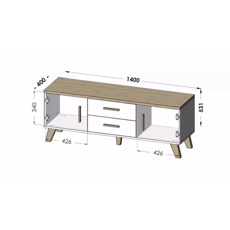 TV stovas Cama Meble LOTTA 140 cm – rėmas ąžuolas wotan, juoda medžio drožlių plokštės viršus, 1400×400×530 mm