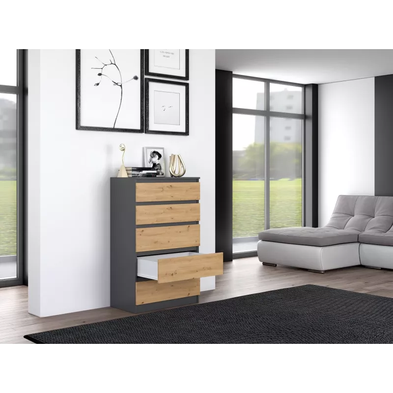 Komoda Topeshop M5 ANTRACYT/ARTISAN 5 stalčių, antracitinis ąžuolas, 700×1095×400 mm