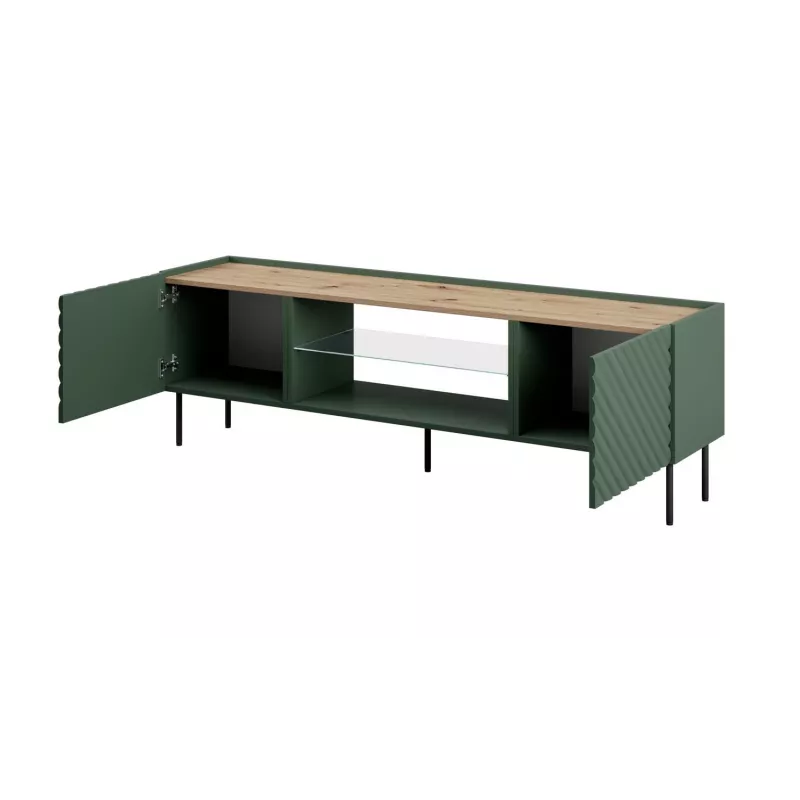 TV spintelė su elektriniu židiniu Cama Meble ONDA 180,5×40×58,0 cm, medžio drožlių plokštė, žalia, laisvai pastatoma arba montuojama ant sienos