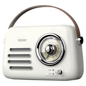 Nešiojamas radijo imtuvas SAVIO RS-02 – analoginis FM imtuvas, Bluetooth 5.3, USB maitinimas, 3 W, baltas