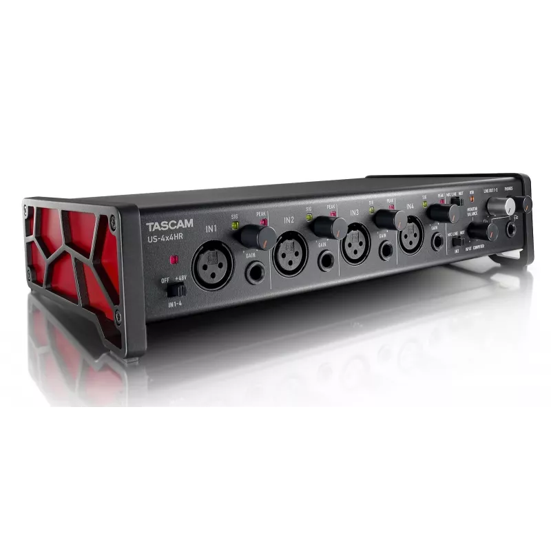 Garso sąsaja Tascam US-4X4HR – 4x XLR kombinuoti, 4 analoginiai išėjimai, 56 dB mikrofono stiprintuvas, 192 kHz, USB 2.0, stalinė, juoda