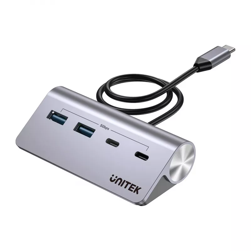 USB šakotuvas Unitek H1337AGY01 – 4 prievadai (2×USB-C, 2×USB-A), iki 5 Gbps, aliuminis, sidabrinis