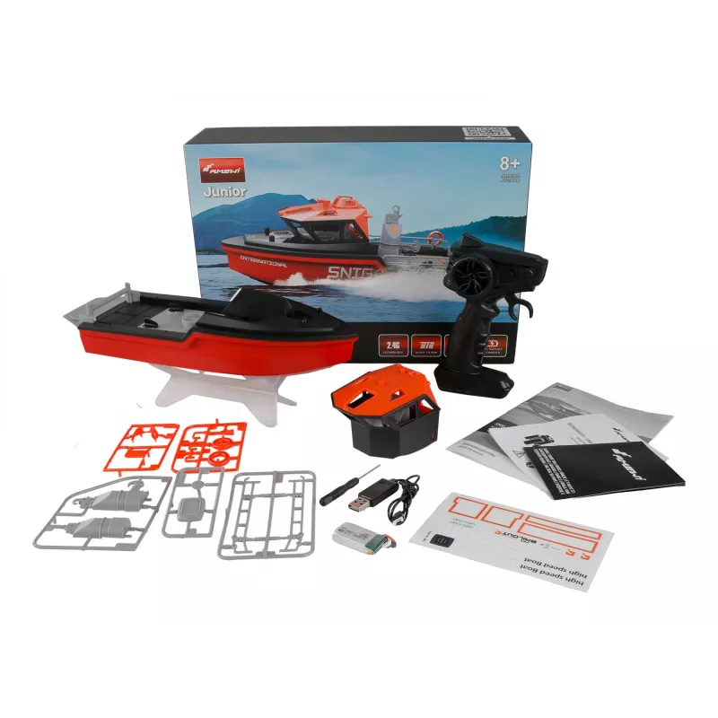 Amewi Rescue Boat 26117 – gelbėjimo valtis su bešepetėliu vandens srovės varikliu, 320 mm, juoda/raudona