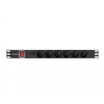 Maitinimo skirstytuvas LANBERG PDU-06E-0200-BK — 6x E tipo lizdai, 16 A, 2 m laidas, 1U stovas, 220–250 V