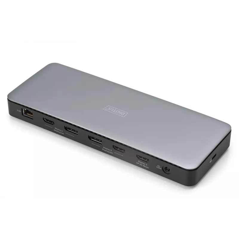 Digitus DA-70918 USB-C dokstacija, 13 prievadų, 3x HDMI, 2x DP, 4x USB-A, 1x USB-C, RJ-45 1GbE, SD, garso lizdas, 150 W