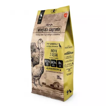 Sausas šunų ėdalas wiejskazagroda Kalakutiena su žąsiena M 20 kg — suaugusiems, be grūdų, 31% baltymų, 20% riebalų
