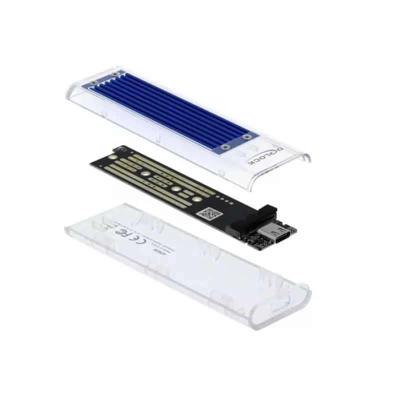 Išorinis dėklas SSD DELOCK 42620 M.2 NVMe PCIe su USB Type-C moterišku lizdu, skaidrus