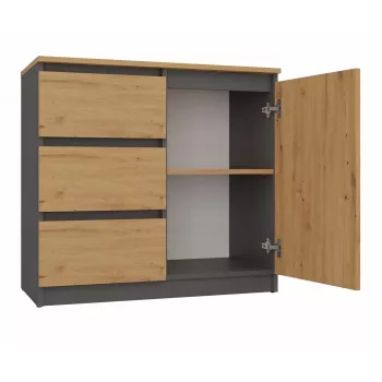Komoda Topeshop 1D3S ANT/ART BA KPL – antracito ir ąžuolo, 3 stalčiai, medžio drožlių plokštės rėmas