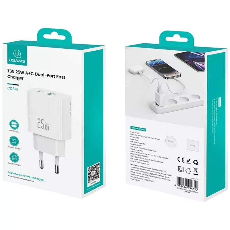 Įkroviklis USAMS USA001630 25W, 1× USB-A + 1× USB-A, greitas įkrovimas
