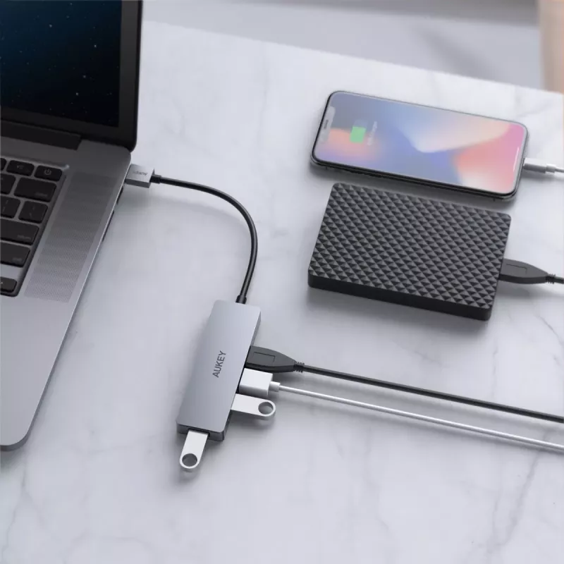 USB šakotuvas Aukey CB-H36 – 4 prievadai USB 3.2 Gen 1 Type-A, pagrindinis USB 2.0, 5000 Mbit/s, aliuminis sidabrinis