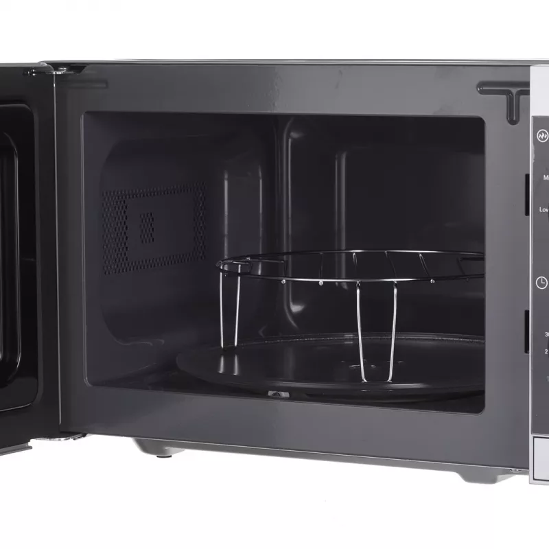 Kombinuota mikrobangų krosnelė Sharp YC-MG01E-S — 20 L, 800 W mikrobangos, 1000 W grilis, 5 galios lygiai, sukimo valdiklis, 25,5 cm padėklas
