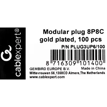 RJ45 kištukas GEMBIRD PLUG3UP6/100, Cat5, tiesus, permatomas, auksuoti kontaktai, pakuotė 100 vnt.