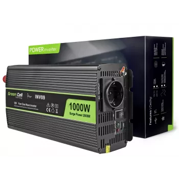 Green Cell INV09 automobilinis keitiklis 12V į 230V 1000W grynas sinusas juodas