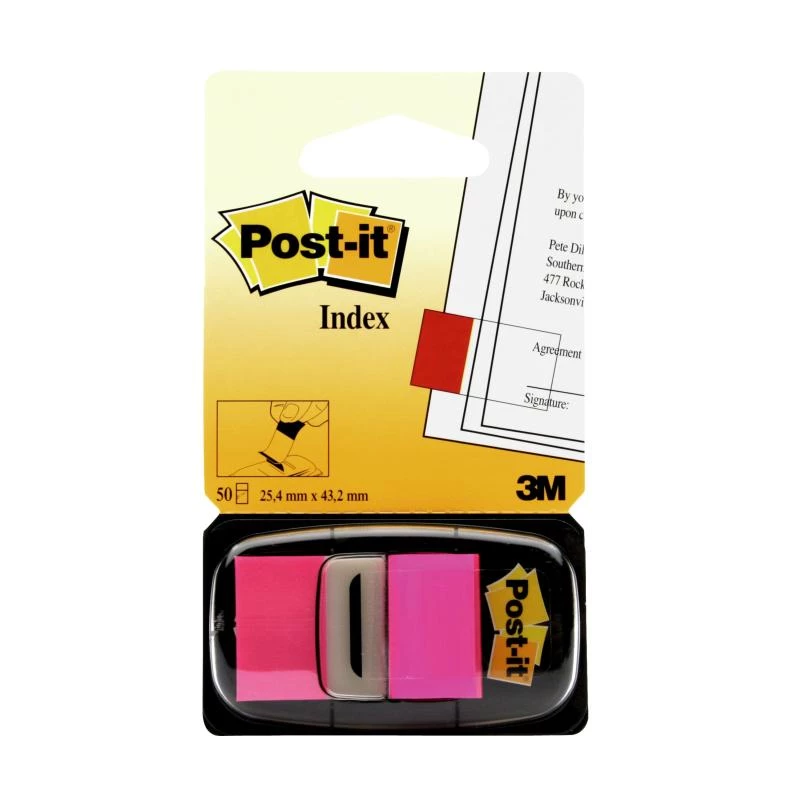 3M Post-it Index Pink, siauros, 50 lipnių juostelių, 25,4 x 43,2 mm, vienkartiniame dozatoriuje (I680-21)