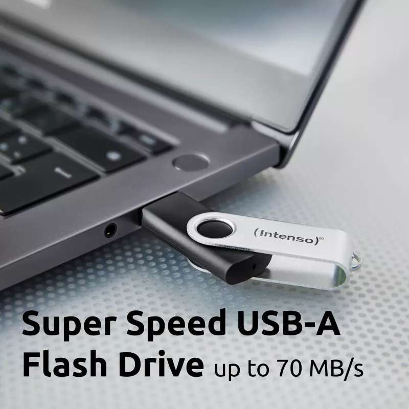Intenso USB atmintukas Office Line, 64 GB, USB-A, 3.2 Gen 1x1, juodas-sidabrinis, su sukamu žiedu