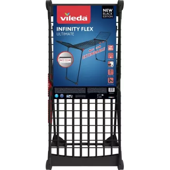 Džiovintuvas skalbiniams VILEDA Infinity Flex Ultimate teleskopinis – juodas, dengtas aliuminis, 30 m džiovinimo erdvė, sulankstomas, ratukai