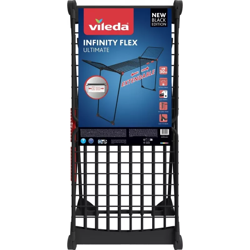 Džiovintuvas skalbiniams VILEDA Infinity Flex Ultimate teleskopinis – juodas, dengtas aliuminis, 30 m džiovinimo erdvė, sulankstomas, ratukai
