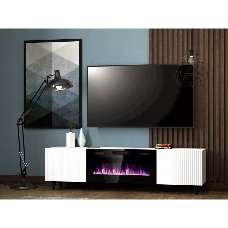 Spintelė TV su elektriniu židiniu Cama Meble PAFOS EF 180×42×49 cm, balta matinė