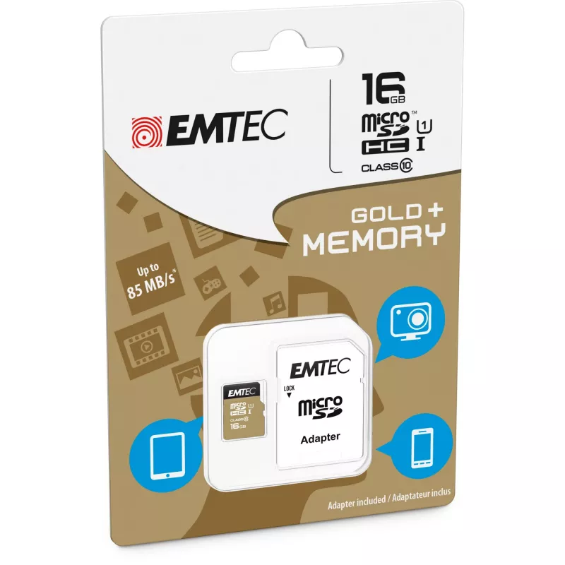 EMTEC Gold+ 16GB microSDHC atminties kortelė, Class 10, su SD adapteriu