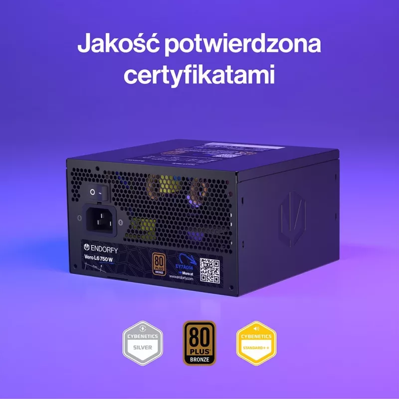 Maitinimo blokas ENDORFY Vero L6 750 W, 24 kontaktų ATX, 80 PLUS Bronze, 120 mm ventiliatorius, Juoda