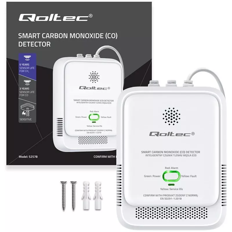 Anglies monoksido detektorius QOLTEC 52576 – CO jutiklis su 85 dB signalu