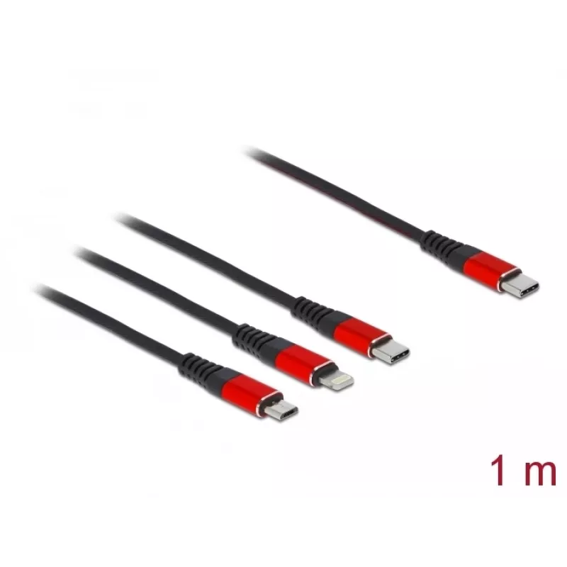 USB įkrovimo kabelis DeLOCK 3 in 1 USB Type-C – Lightning / Micro USB / USB Type-C 1 m juodas raudonas