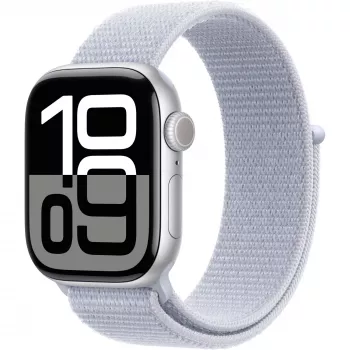 Apple Watch Series 10 aliuminio korpusas GPS + Cellular 42mm sidabrinis Sport Loop mėlynas debesis