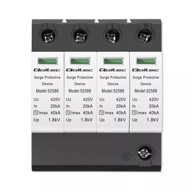 Apsauginis įtampos ribotuvas QOLTEC 52588 AC 4P 420V T2 C — 4 polių, 420 V, 2 tipo
