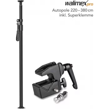 Teleskopinis stovas / šviesų stovas walimex Autopole 220–380 cm su Super Clamp