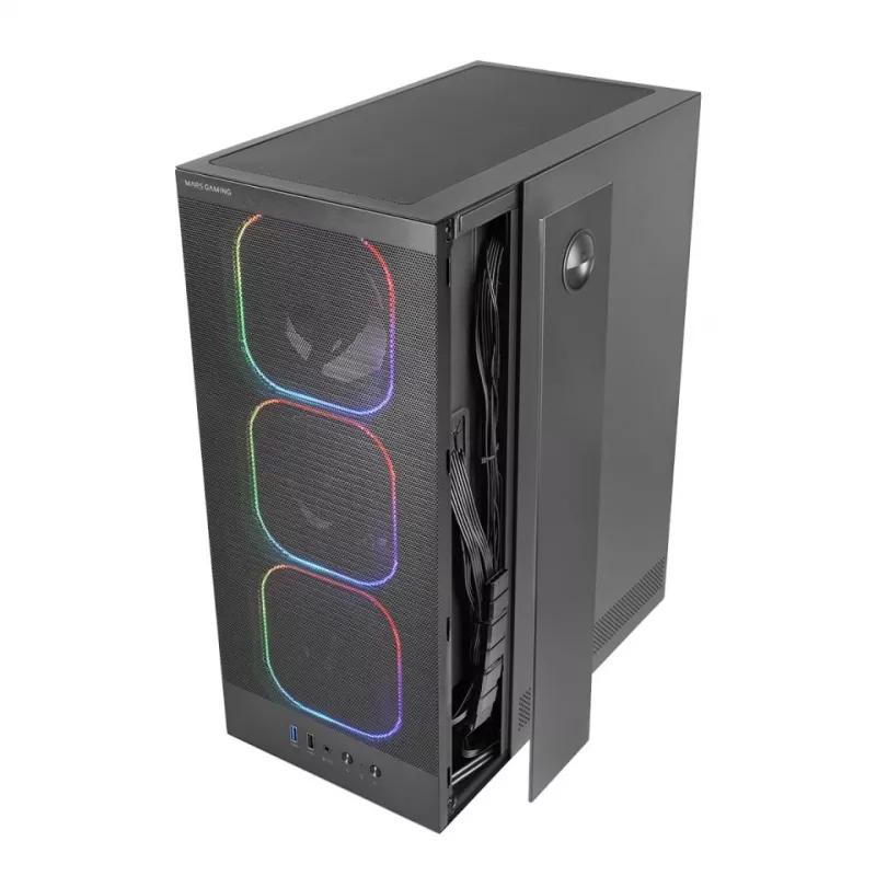 Korpusas TACENS MARS MC‑NEBULA Midi Tower su grūdintu stiklu, keturiais 120 mm aRGB ventiliatoriais, palaiko ATX, vaizdo plokštę iki 30,2 cm