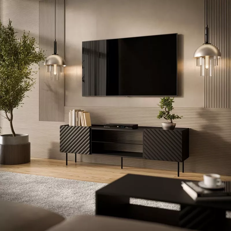 TV spintelė Cama Meble LUCCA 180x40x59 cm, juoda, medžio drožlių plokštės viršus, juodas rėmas