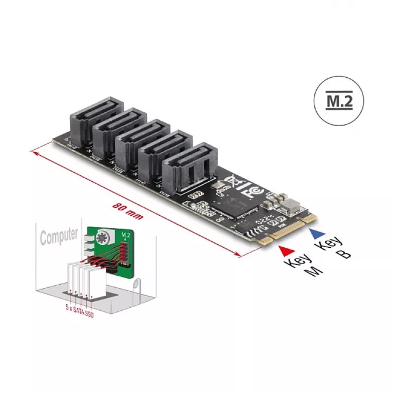 Vidinis SATA adapteris DELOCK 64241 M.2 (Key B+M) į 5x SATA su JMicron JMB585, LED indikatoriais, kompiuteriui