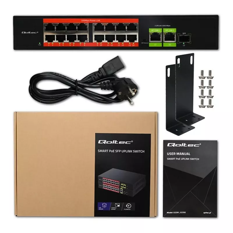 QOLTEC 52291 16x RJ45 PoE valdomas tinklo jungiklis