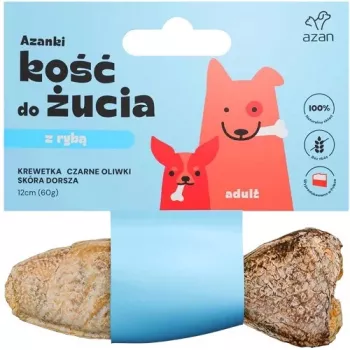 AZANKI Kaulas su krevetėmis ir juodosiomis alyvuogėmis menkės odoje žuvies formos – šunų skanėstas – 12 cm