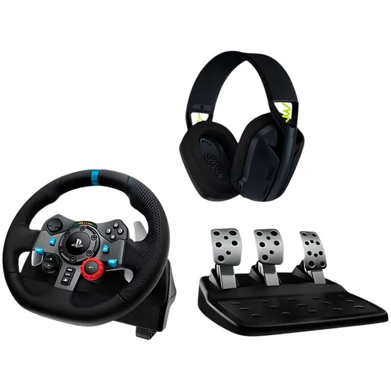 Logitech G29 EU + G435 Black Vairas su pedalais ir ausinėmis, aliuminis, USB, PC