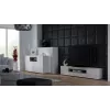 Sideboard Cama Meble VIVA 150 – baltas/baltas blizgus ir sonoma ąžuolas, 3 durys, 5 lentynos, 1500×450×800 mm