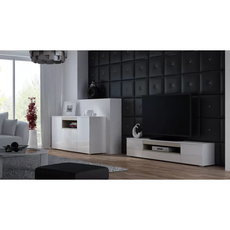 Sideboard Cama Meble VIVA 150 – baltas/baltas blizgus ir sonoma ąžuolas, 3 durys, 5 lentynos, 1500×450×800 mm