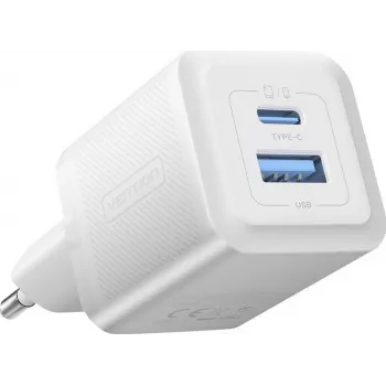 Vention 30W – įkroviklis su GaN technologija, 1x USB-A, 1x USB-C (baltas)